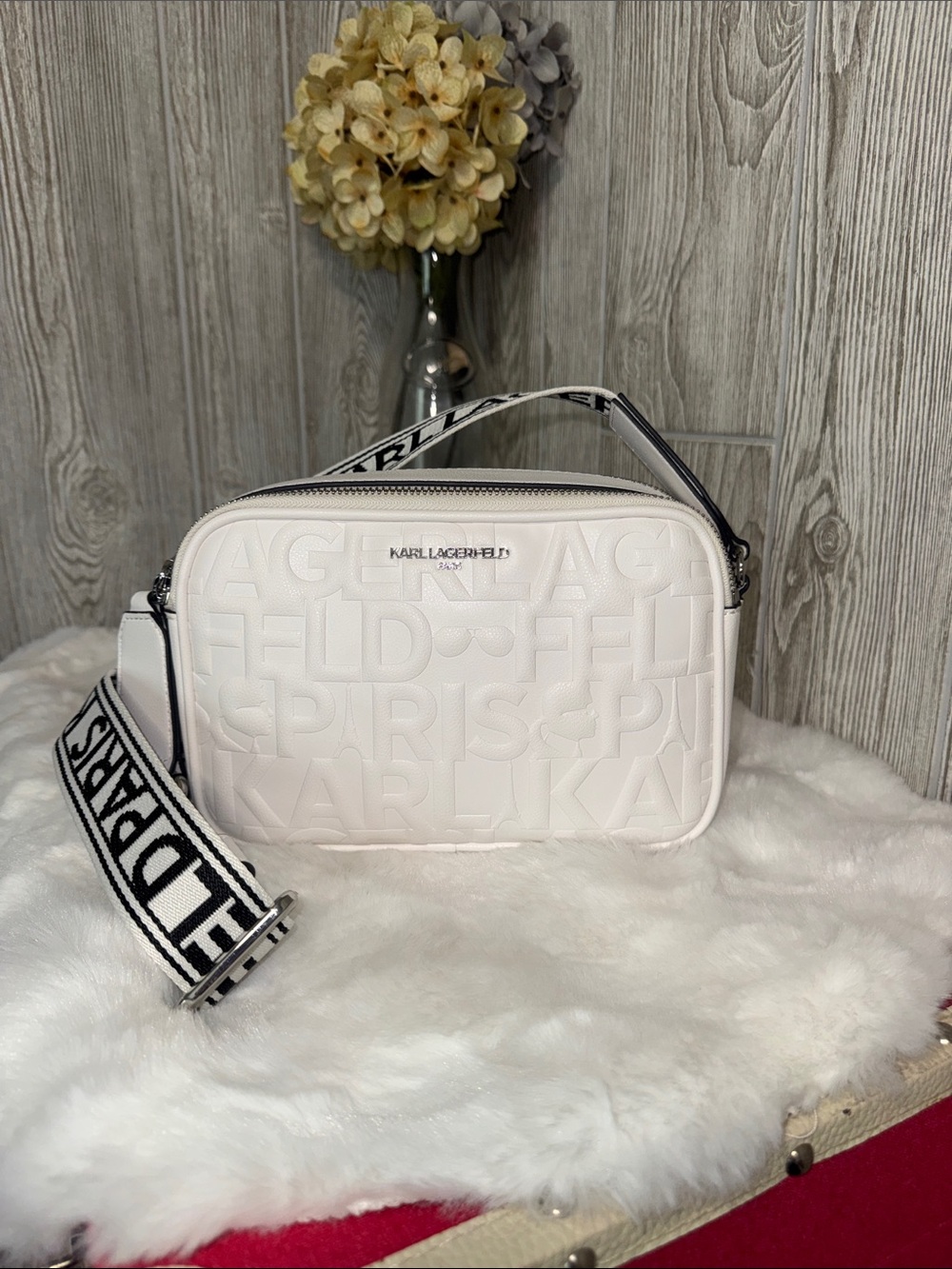 Karl Lagerfeld White Textured Logo Crossbody with Branded Strap